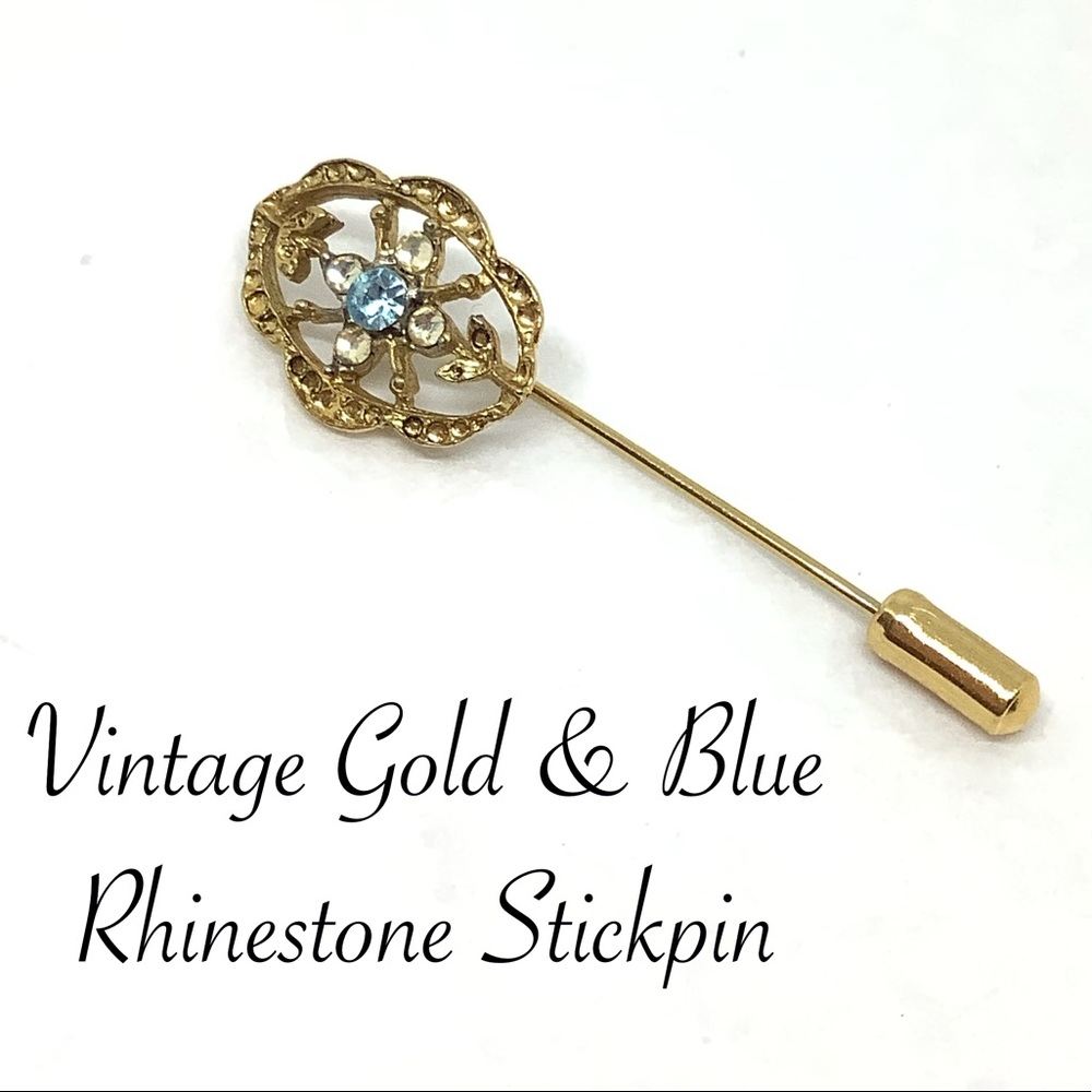 🆕Vintage Gold & Blue Rhinestone Stickpin